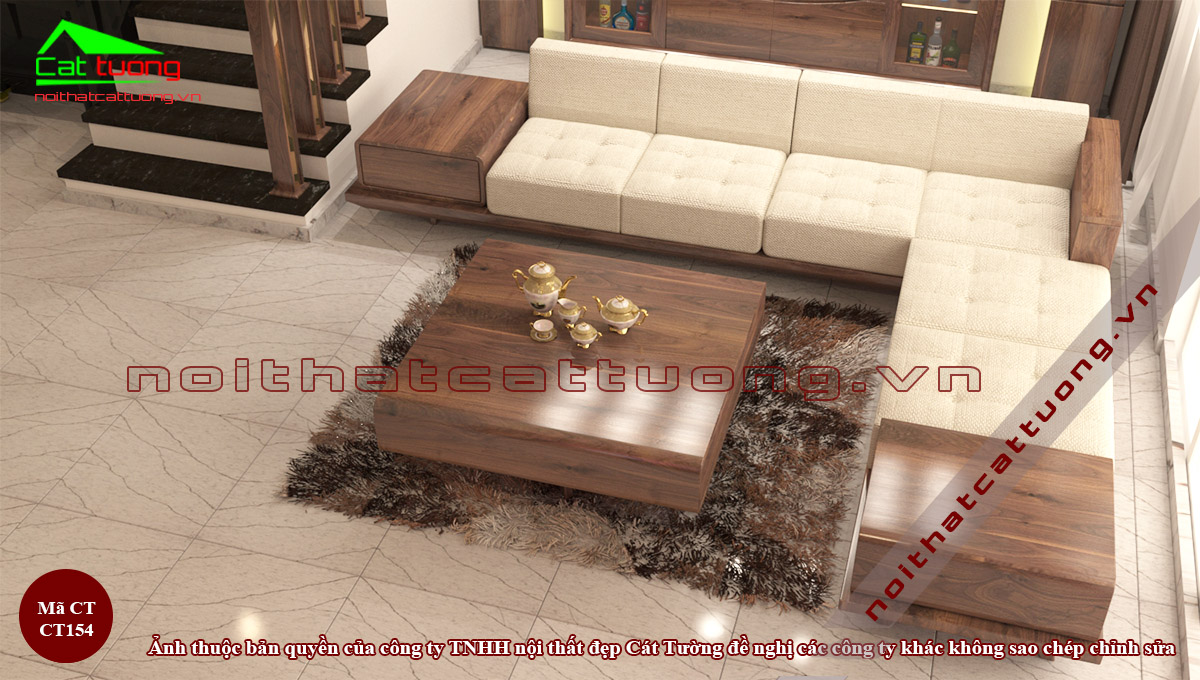 kích thước ghế sofa gỗ chữ L cho phòng khách rộng