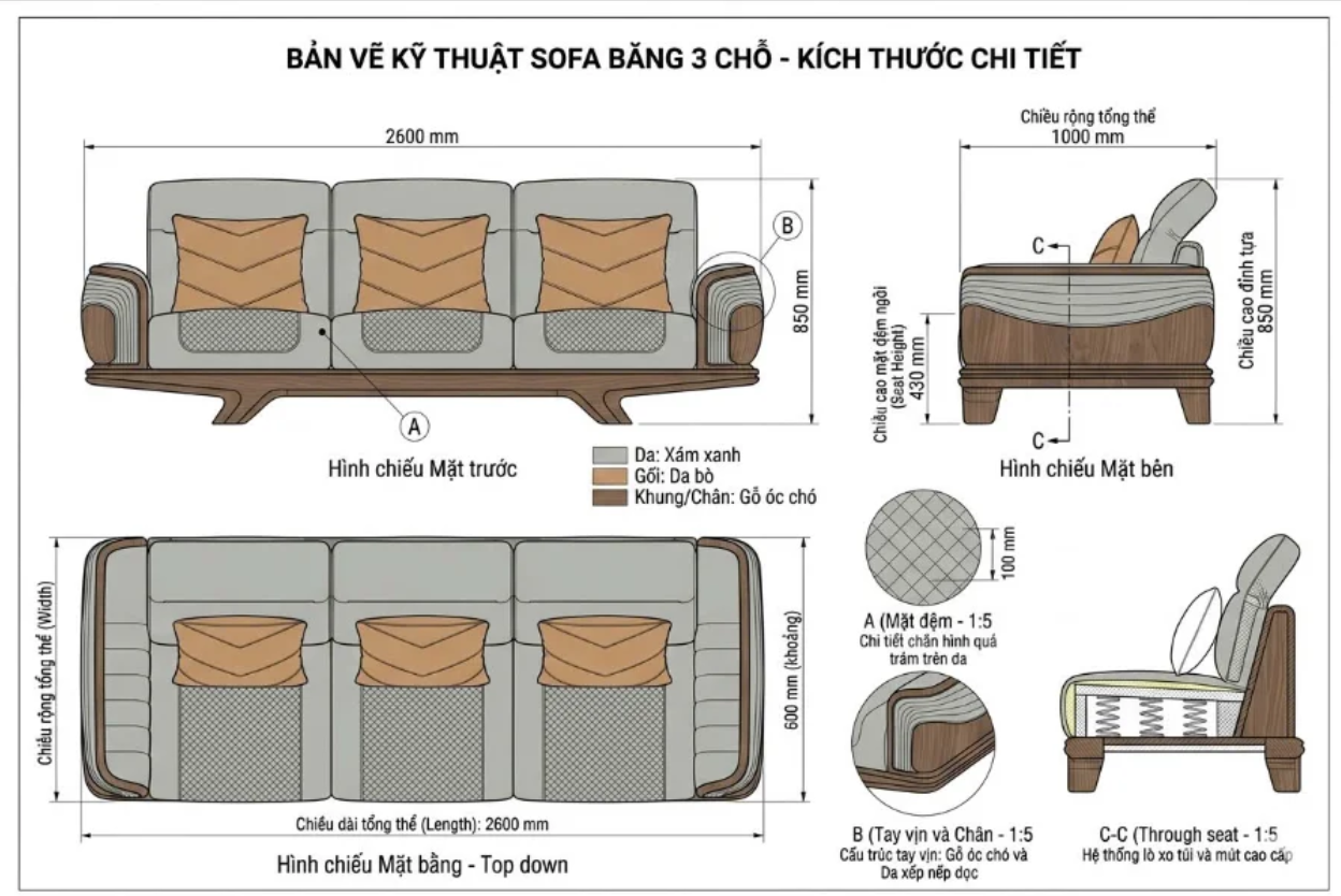 Cấu tạo bộ sofa gỗ óc chó