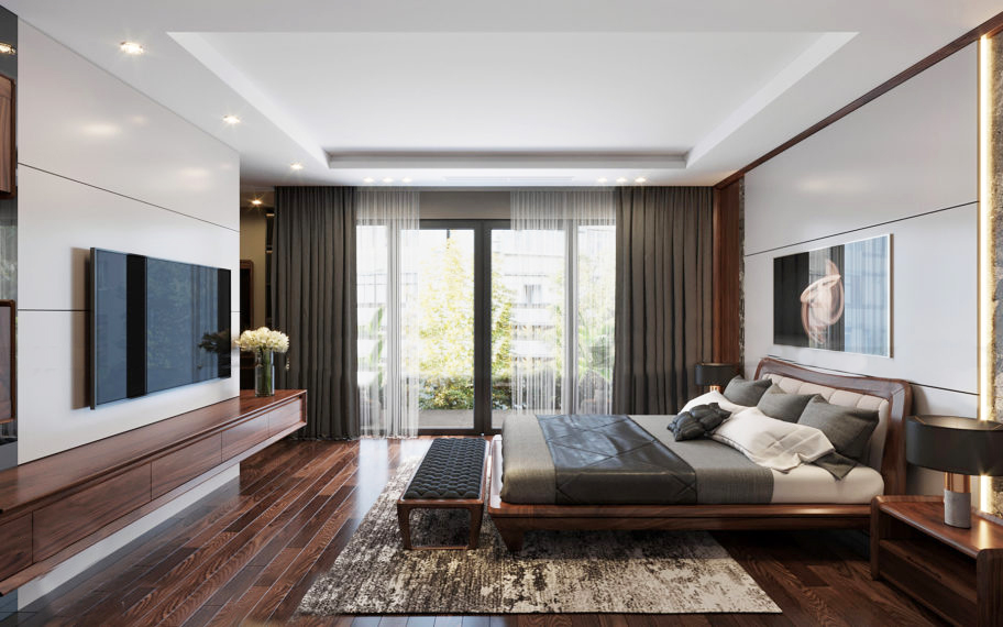 Trang trí phòng ngủ rộng với thiết kế nội thất gỗ Óc Chó hiện đại