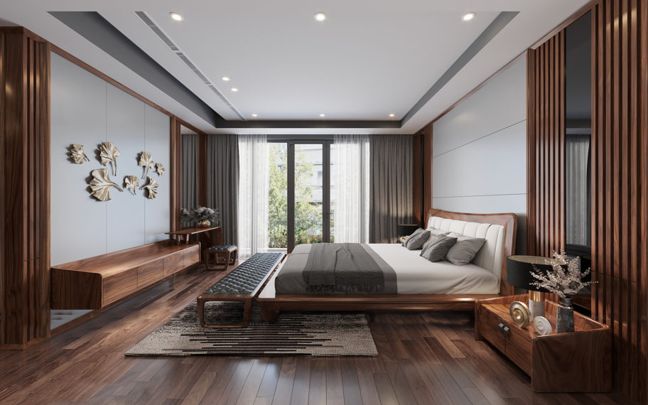 Phòng ngủ sang trọng với kiểu thiết kế nội thất hiện đại từ gỗ Óc Chó