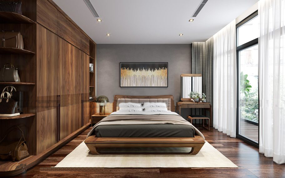 Thiết kế phòng ngủ rộng 30m2 gỗ óc chó đẹp hiện đại