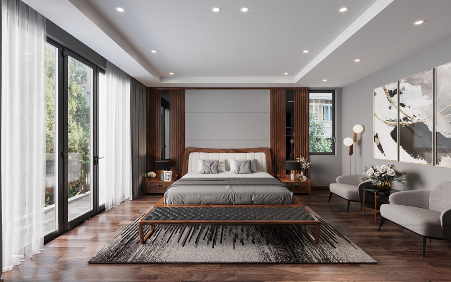 Thiết kế phòng ngủ đẹp sang trọng từ gỗ óc chó nhập khẩu Bắc Mỹ
