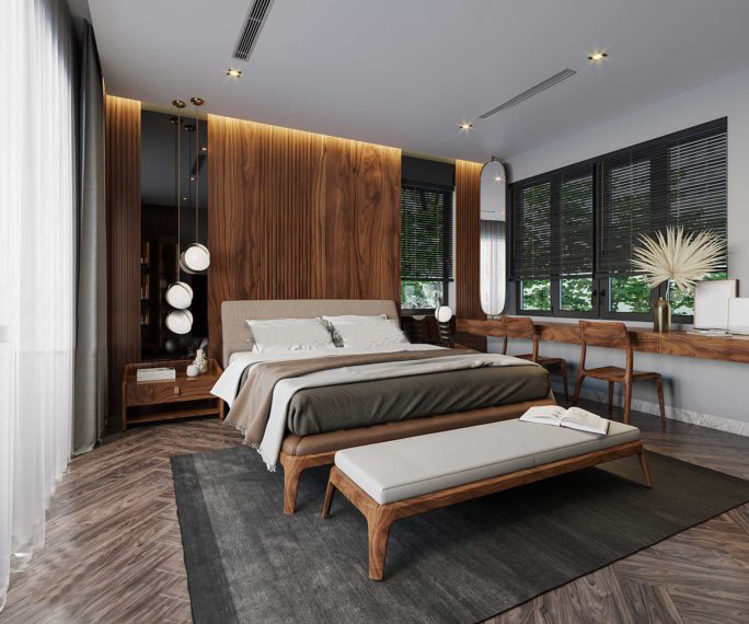 Thiết kế nội thất phòng ngủ 16m2 với vẻ hiện đại và đủ công năng sử dụng