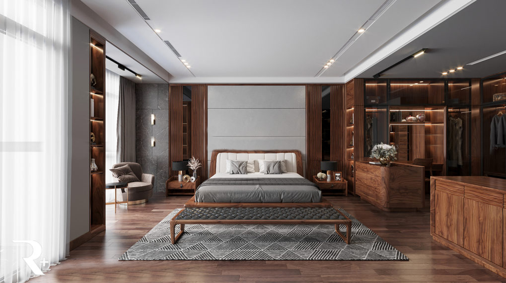 Thiết kế nội thất phòng ngủ 20m2 với gỗ óc chó sang trọng hiện đại